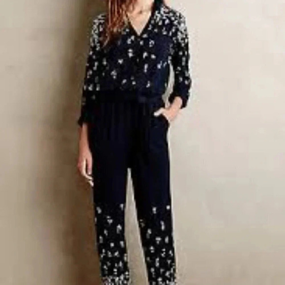 𝅺anthro Lilka Lakeshore Jumpsuit Navy Blue  Floral M - Picture 2 of 13